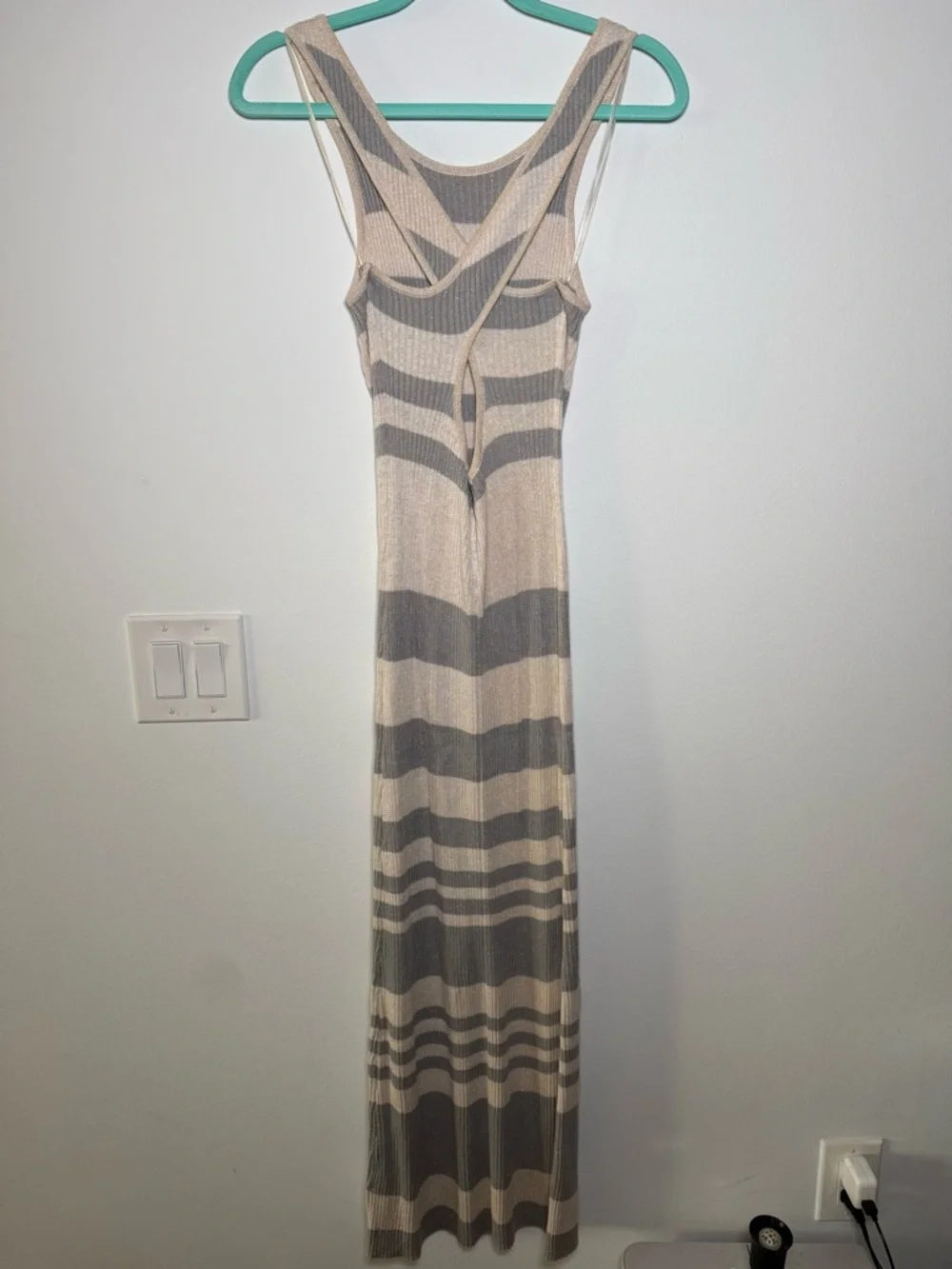 Vici Sleeveless Striped Ribbed Maxi Dress in Beige & Gray